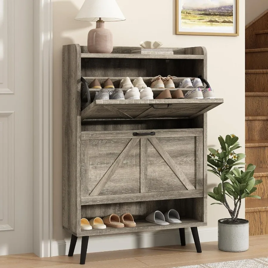 

Entryway Shoe Storage Cabinet with 2 Flip Drawers Narrow Slim Wooden Organizer Rack in Light Rustic Grey Hidden Shoe Storage So