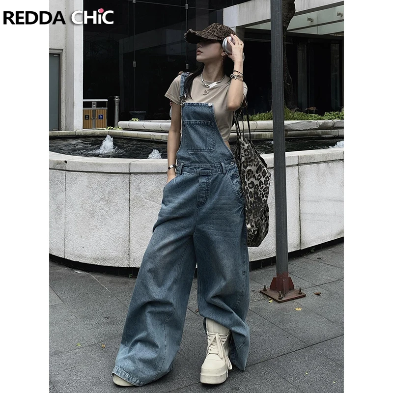 

ReddaChic Women Bib Wide Leg Denim Overalls Casual Solid Loose Fit Adjustable Straps Baggy Jeans Jumpsuit Retro Korea Streetwear