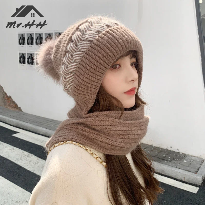 Women's Winter Warm All-in-one Knit Hat Scarf Wearable Blanket Comfortable Windproof Elastic Cycling Earmuffs Warm Hat