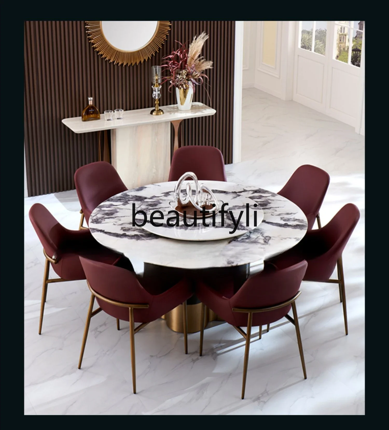 

Marble dining table round table chair combination with turntable Italian light luxury high sense modern simplicity