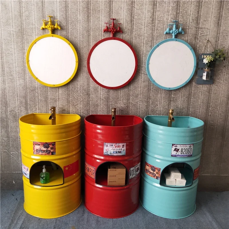 Oil bucket retro industrial style washbasin, oil bucket integrated floor standing storage cabinet, column basin