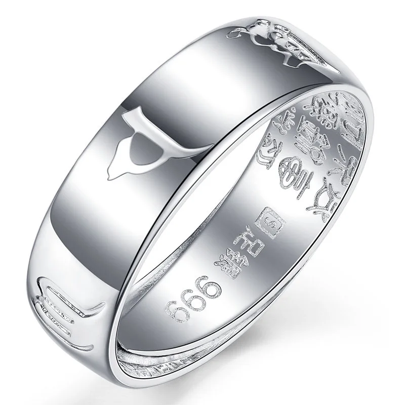 Anillo Mantra de seis caracteres de plata pura 999 para hombre con apertura ajustable, joyería de alta gama Simple y personalizada de plata pura