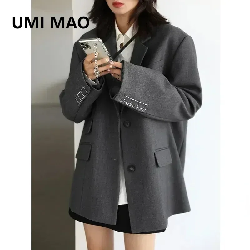 

UMI MAO Women Office Lady Blazer Cuff Embroidery Wide Shoulder Twill Suit Women's Autumn Ladies Outerwear Stylish Tops