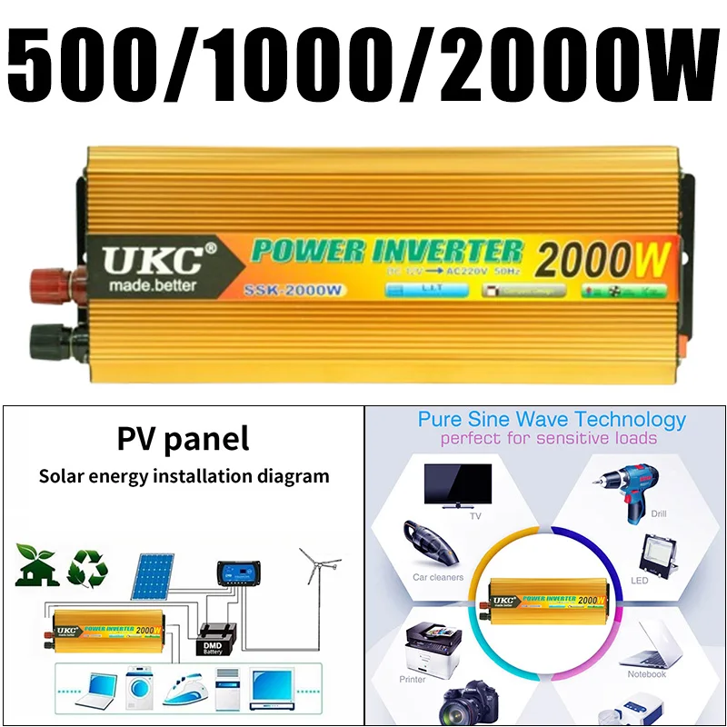 

Inverter 12V To 220V Pure Sine Wave Inverter 12v 220v 2000 1000 500W DC To AC Portable Auto Converter Car Solor Inverter