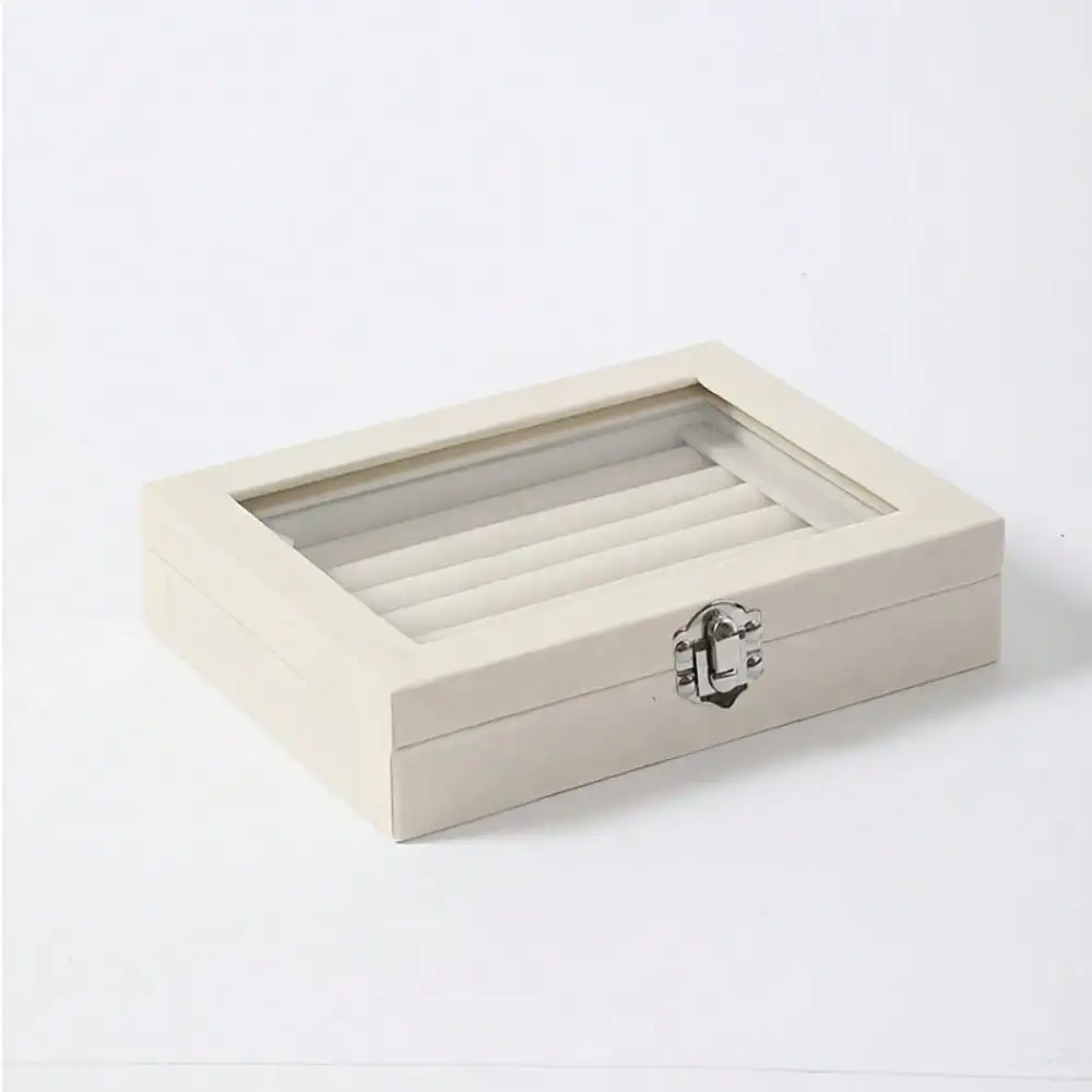

49-Ring Capacity Glass-Like Plastic Jewelry Box With Locking Lid - Large Rectangular Ring & Earring Storage Case