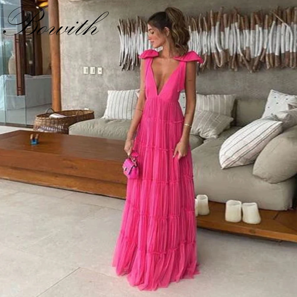 

Bowith ярко-розовое женское вечернее платье с глубоким вырезом и открытой спиной, платья для выпускного вечера, женские вечерние платья трапециевидной формы, платье de gala
