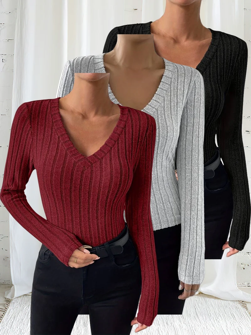 

Women's fashionable V-neck warm long-sleeved T-shirt set of 3 pieces