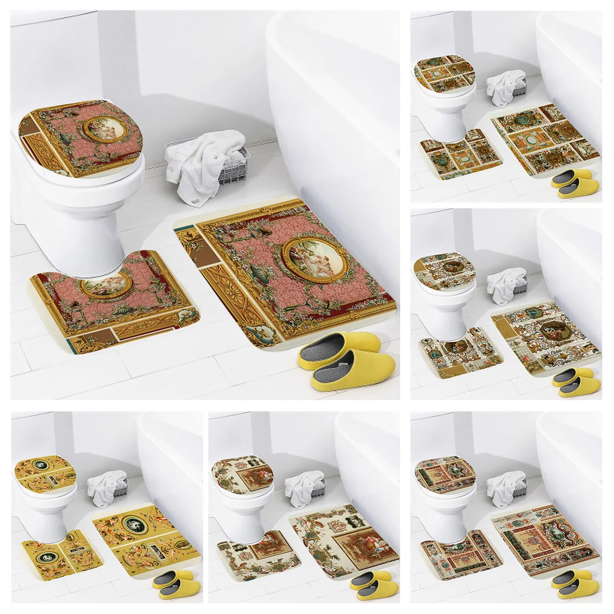 

American Retro Bathroom Non-Slip Mat Toilet Cushion Cover Combination Non-Slip Mat Toilet Bathroom Decoration three-piece set