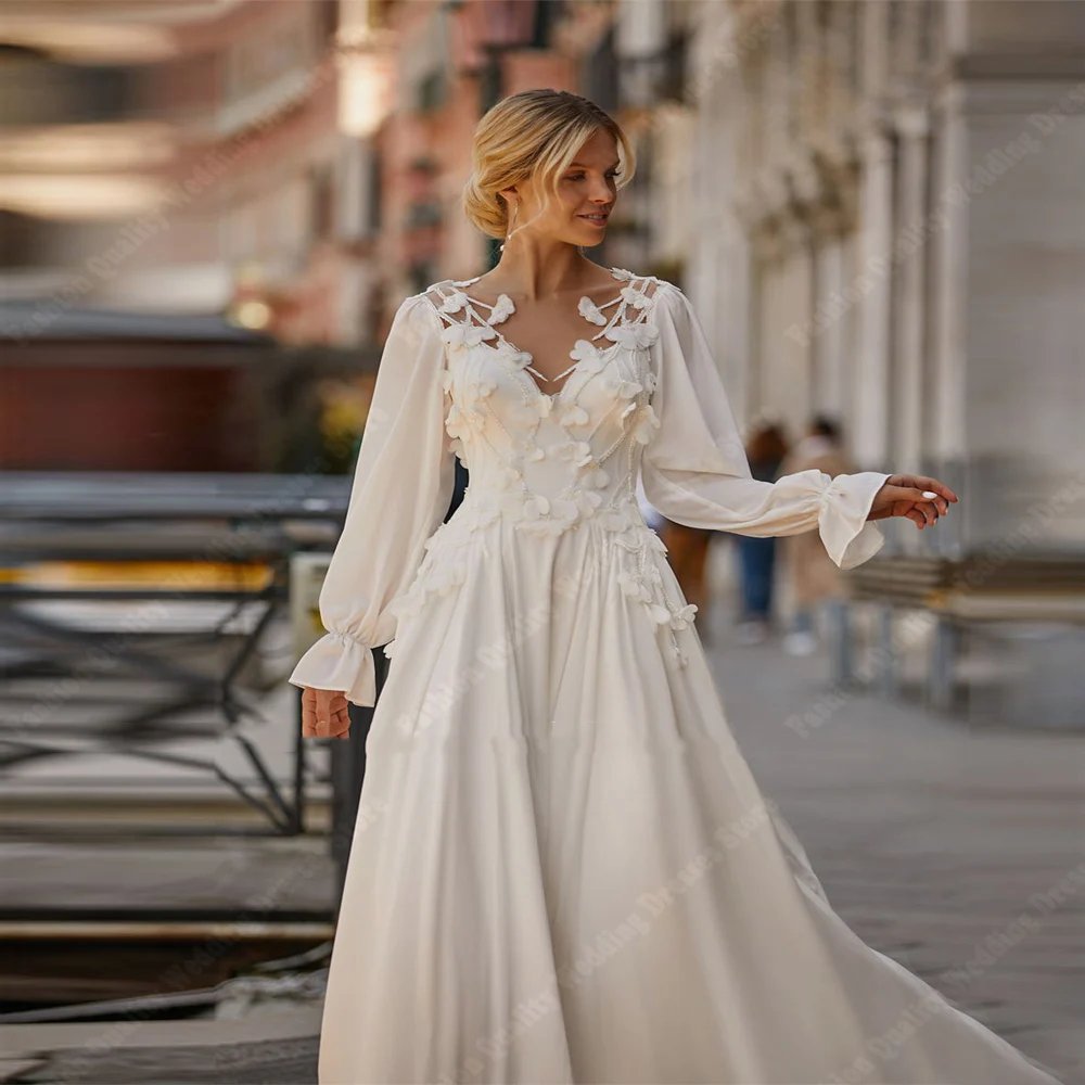 Eleganti abiti da sposa da donna a-line a maniche lunghe abiti da sposa Sexy con scollo a v lunghezza di lavaggio palla di fidanzamento Vestidos De Novia 2024