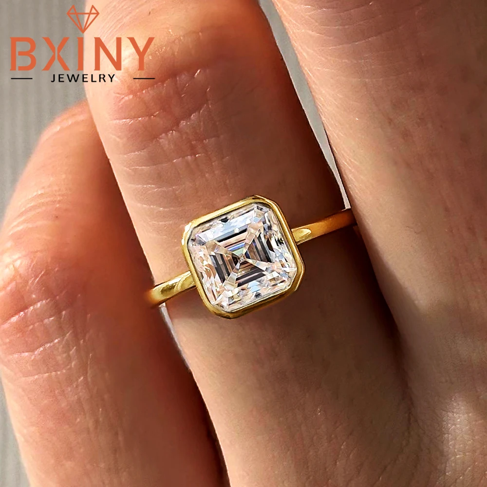BXINY Bezel Set 2.5CT Asscher Cut Moissanite Rings Pure S925 Silver Square Solitaire Diamond for Women Wedding Fine Jewelry Gift