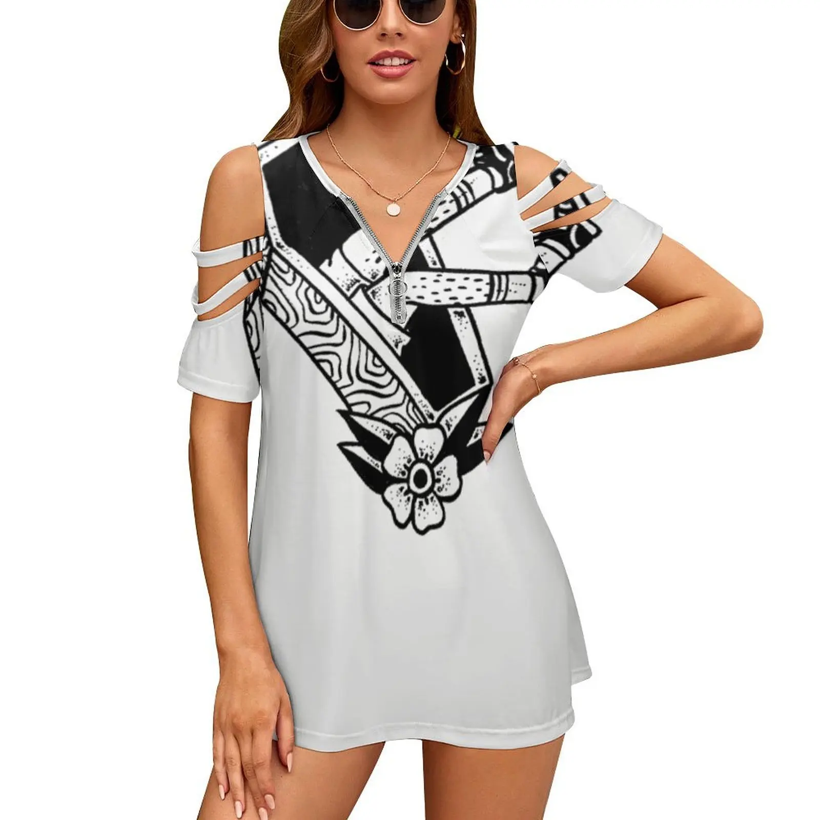 Can'T Get It Out New Fashion Zip Off Shoulder Top Short-Sleeve Women Shirt Brand New Coffin Tattoo Flash Flash Sheet Hairy Legs