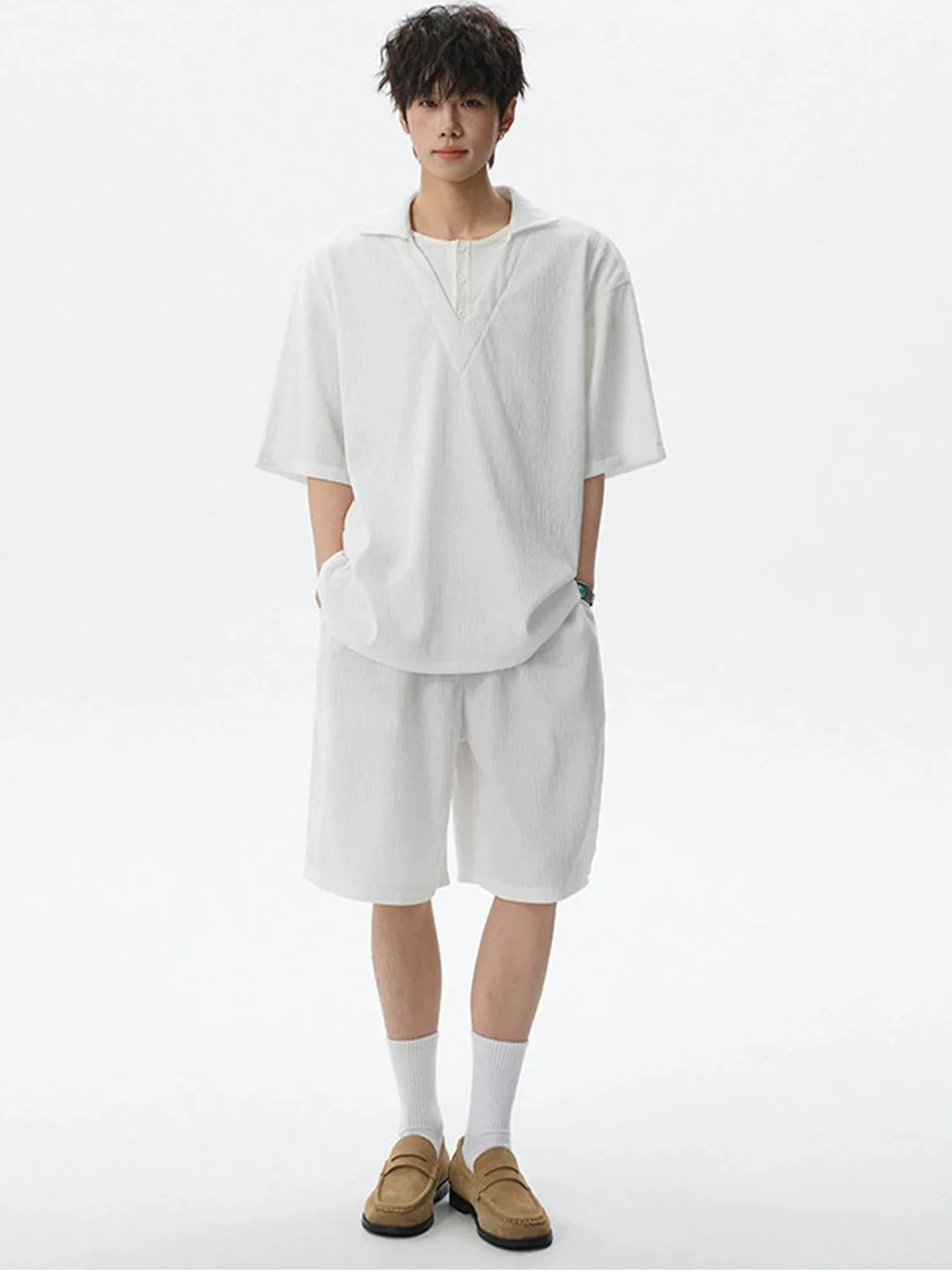 Conjunto Americano Texturizado com Sensação Fresca para Homens, Camiseta Casual de Manga Curta e Shorts de Tamanho Grande, Conjunto de Duas Peças para