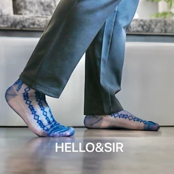Men's Ultra Thin Transparent Jacquard Sheer Socks Sexy Business Formal Dress Tube Socks in Blue Wine Red White Black