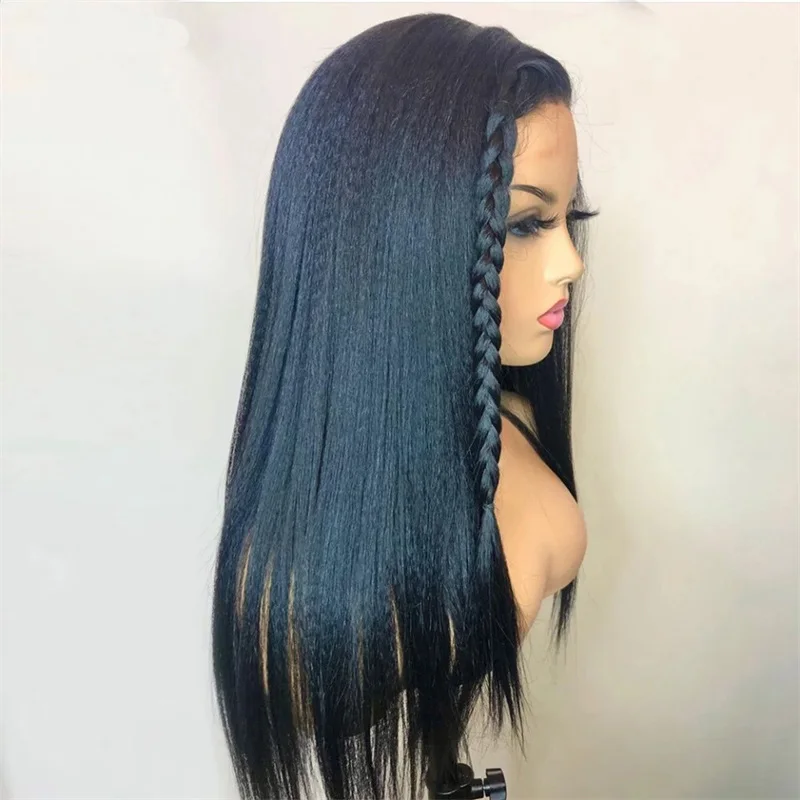 Suave largo negro 180 densidad 26 pulgadas sin pegamento rizado recto profundo peluca con malla frontal para mujeres con pelo de bebé prearrancado diario