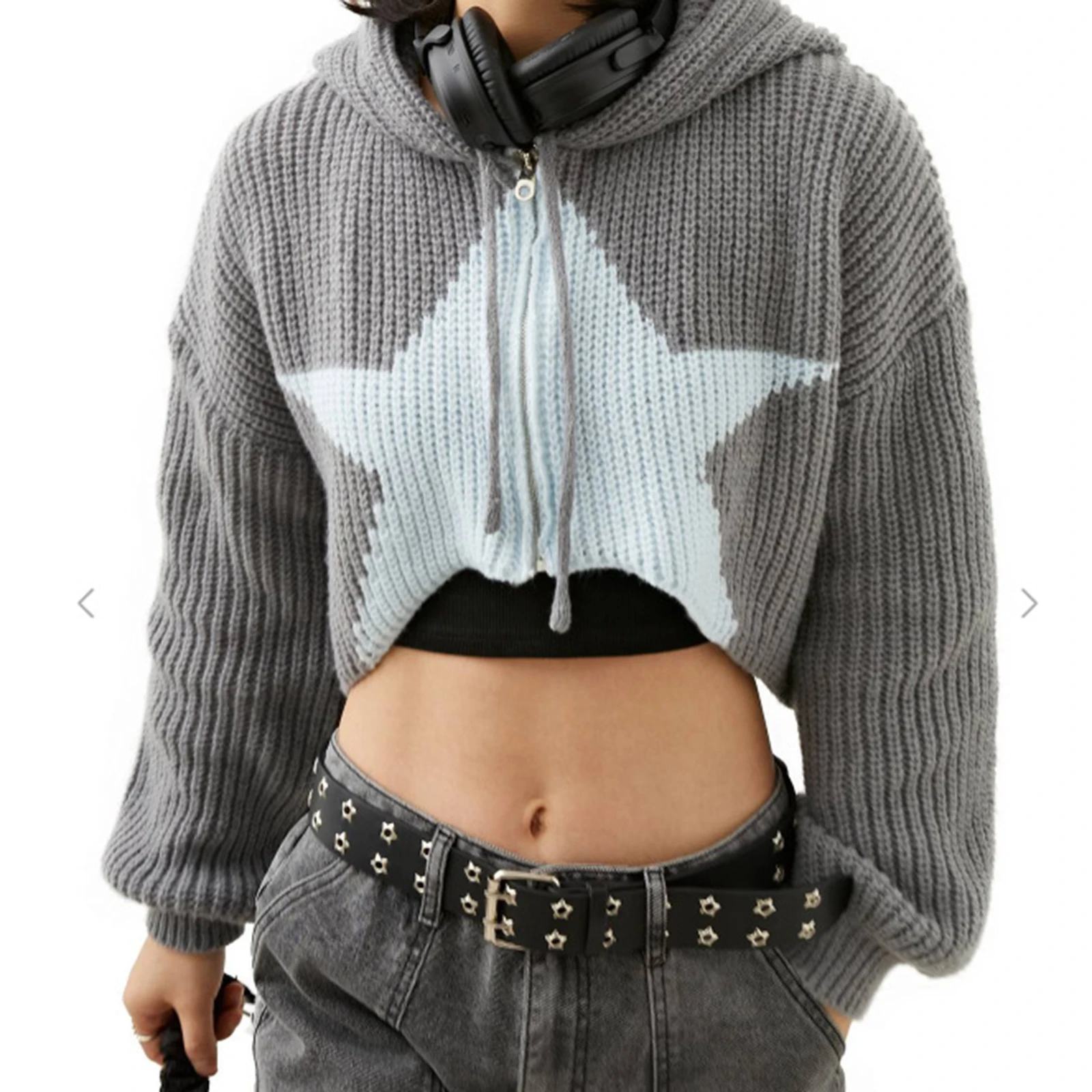 Women y2k Fashion Cropped Sweater Cardigan Stars Pattern Contrast Color Hooded Long Sleeve Pullovers Zipper-Up Loose Tops