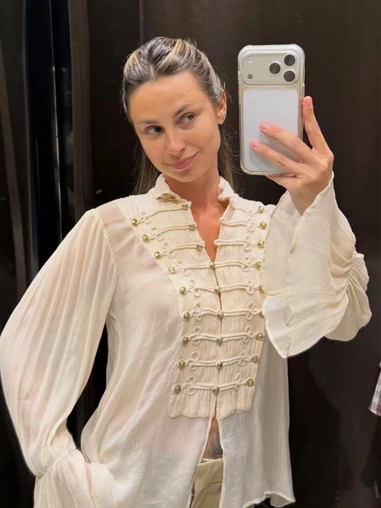 TFMLN 2026 Damen Bluse mit ausgestellten Ärmeln, schmal geschnitten, hoher Kragen, Knopfleiste, elegantes Napoleon-Hemd, schickes, transparentes, unifarbenes Oberteil für den Urlaub.
