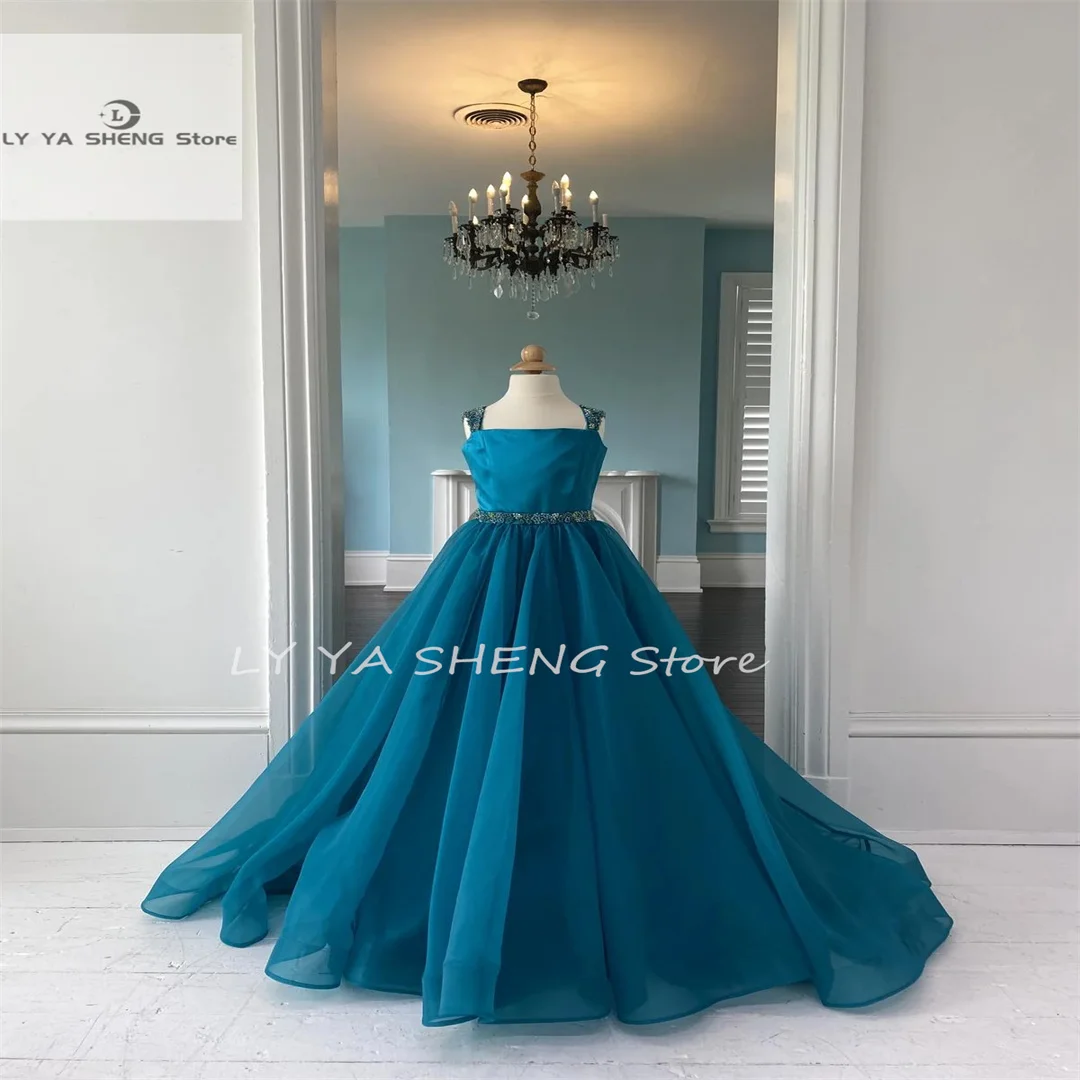 Flower Girl Dress Teal Girl Pageant Dress  Sherri Crystal Straps Organza Little Kids Birthday Formal Party Wear Gown Infant