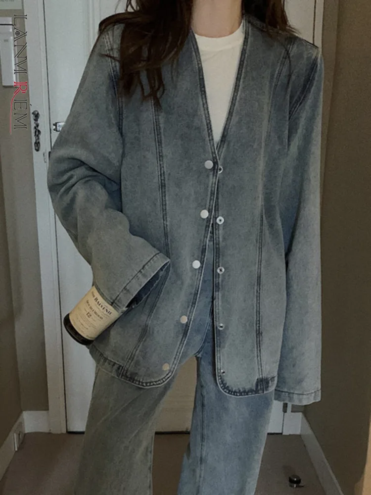 Lanmrem-Blazers en denim délavé pour femmes, Streetwear, Col en V, Simple boutonnage, Vestes à manches longues, Automne, Nouveau, 2024, 26C221