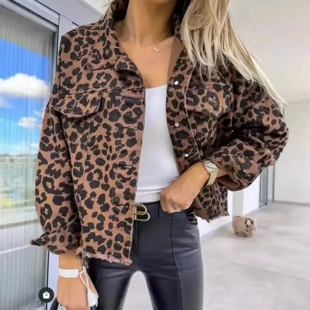 Women's Denim Jacket Spring Autumn Leopard Print Long Sleeve Casual Loose Fit Short Coat European Style