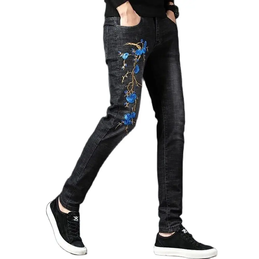 High Quality Men's Flower Embroidery Denim Pants Scratches Decoration Casual Jeans Classic Slim Fit Style Black Stretch Trousers