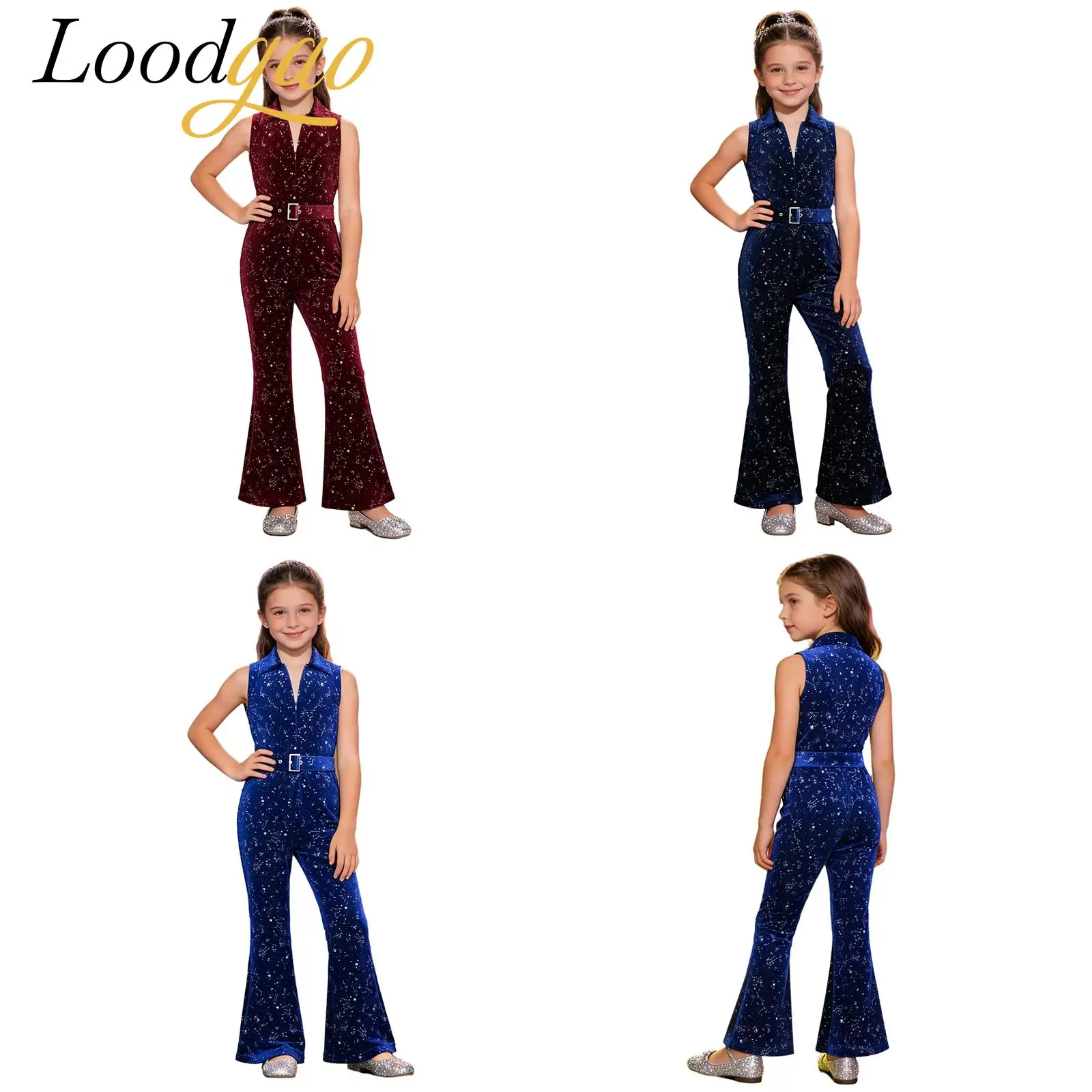 

Girls 70s Jazz Dance Disco Costume Sparkly Velvet Jumpsuit Flares Romper Children Flare Pants Birthday Party Hip Hop Clothes