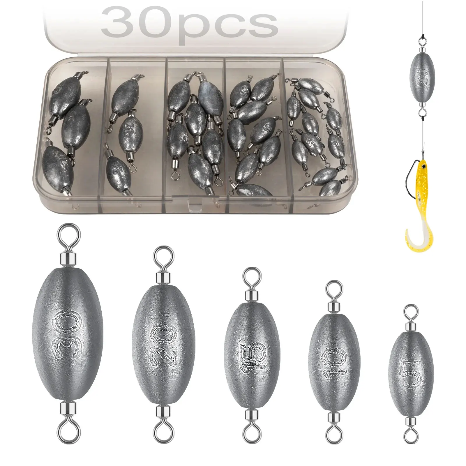 30pcs Fishing Lead Sinkers Kit 20g 15g 10g Egg Shape 360° Rotation Lead Weights Kits 30g 5g Inline Swivels Dropshot Sets