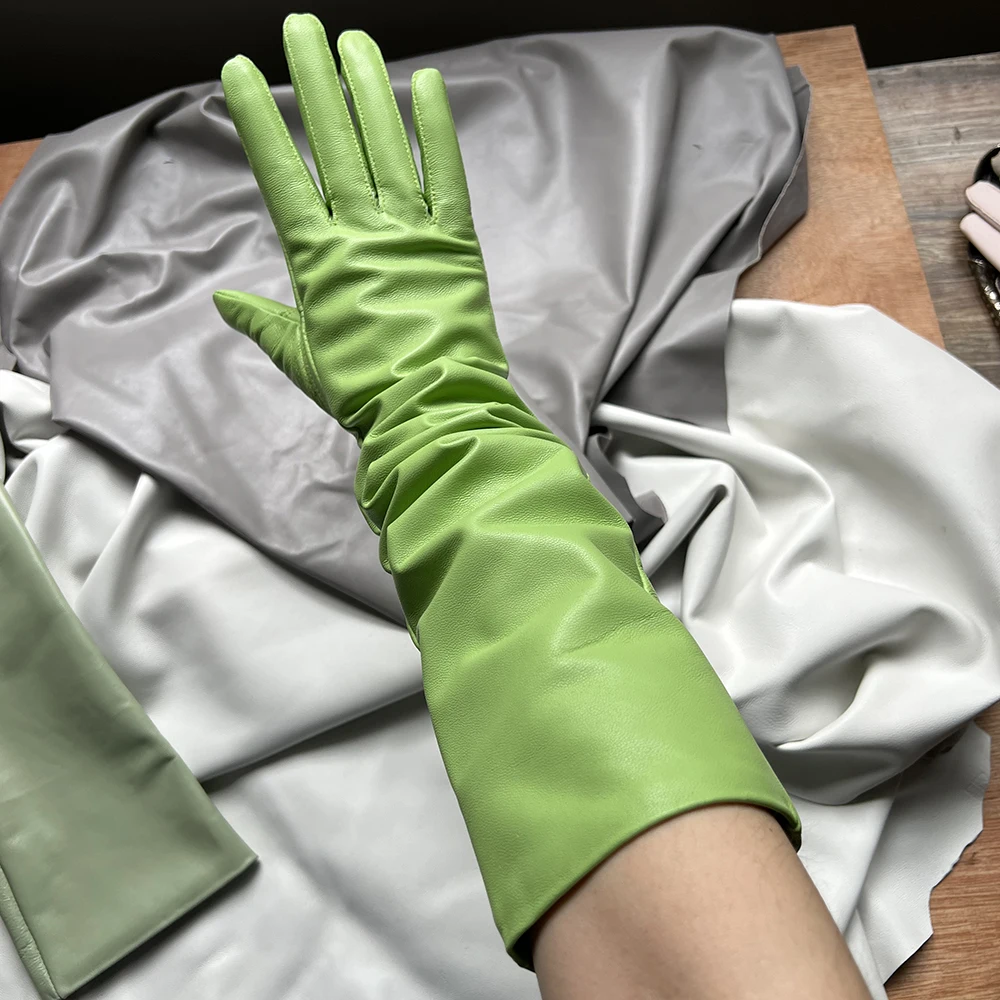 Men's Long Green Leather Gloves Women's Real Sheepskin Gloves Top Layer Of Sheepskin Opera Gloves Lengthened Plus Size Driving