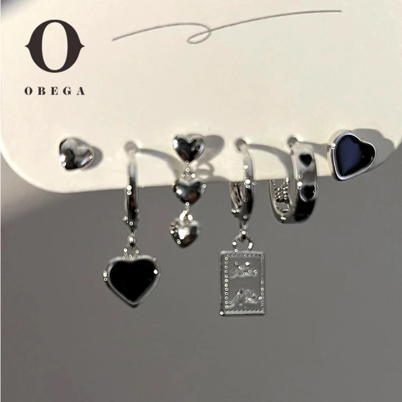 Obegas Silver Color Metal Earring Set Love Heart Charm  Earring Women Hoop Earring 6 On Irregular  Geometric Cherry 6 pcs Set