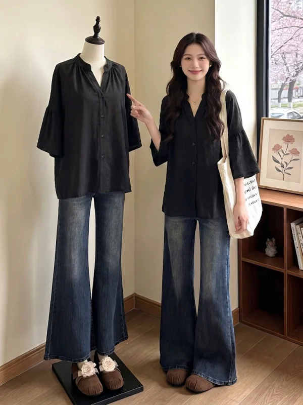 

Elegant Black Bell Sleeve V-Neck Shirt Women's plus Size Mid-Length Top Korean Style Loose Fit Commute Fashion Summer New