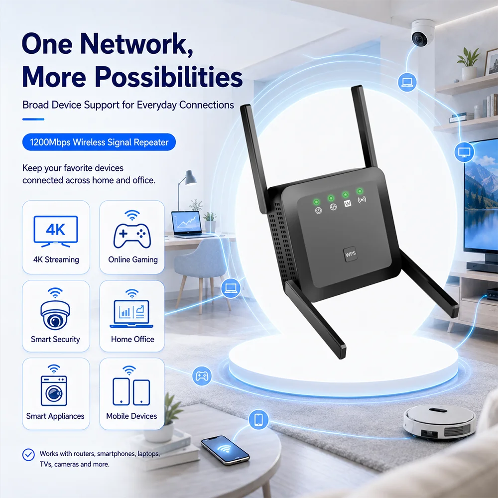 AC1200 Dual Band WiFi Extender WiFi Repeater 5GHz 2.4GHz Wireless Signal Booster with 4 Antennas WPS AP/Repeater Mode LAN Port