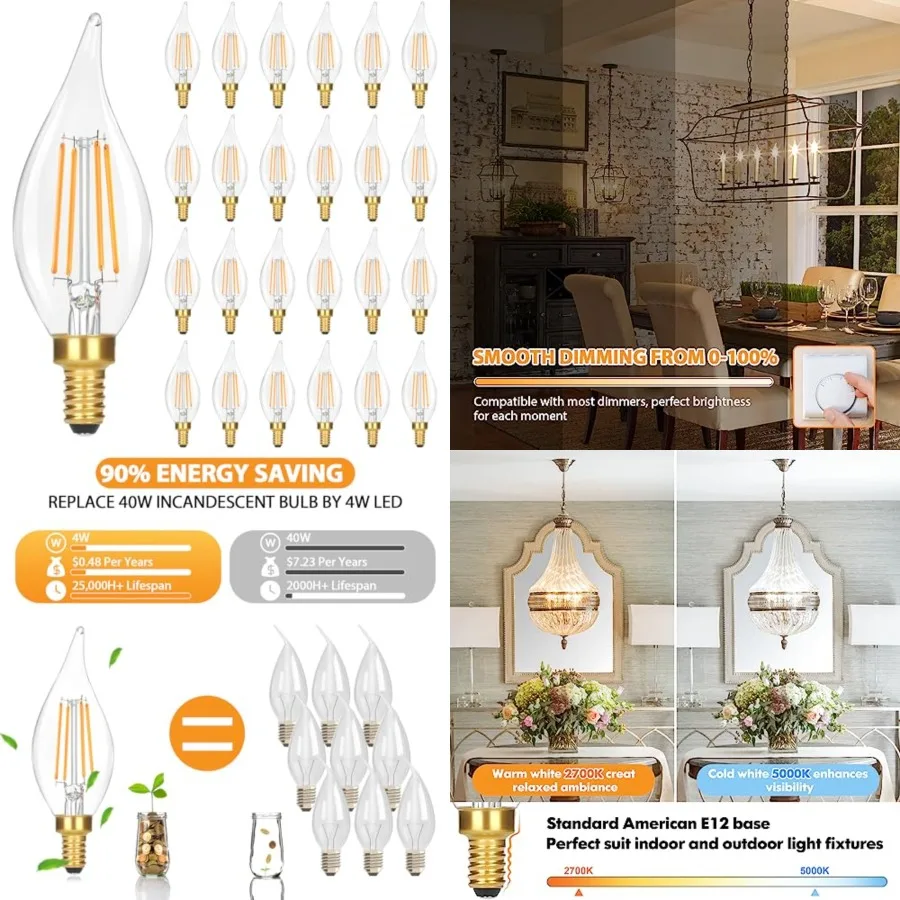 

Dimmable LED Candelabra Bulbs 40W Equivalent, 24-Pack 2700K Soft Warm White E12 Chandelier Light Bulb, Vintage 4W 460LM CA10 Ca