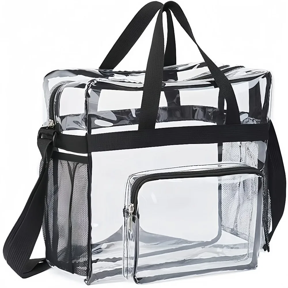 Bolsa Transparente Reforçada em PVC Aprovada para Estádios com Bolsos de Malha para Trabalho, Segurança, Concertos e Viagens