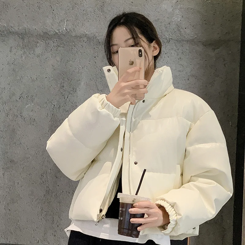 Drunk Sugar Chic Winter Thiened High Collar Zipper ort PU Leather Bread Sle Cotton Jaet Faionable Versatile Loose Fit Coat