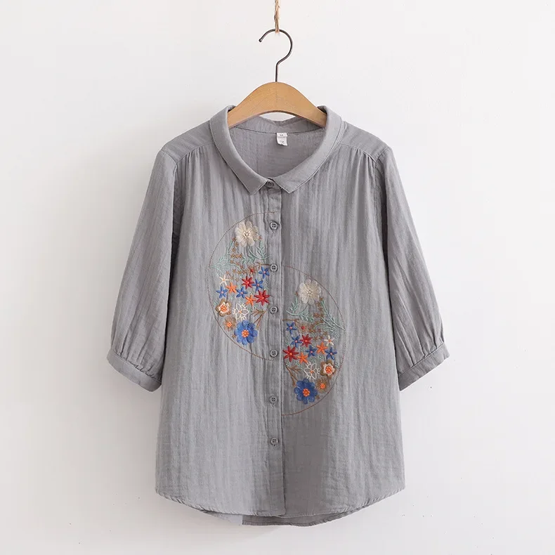 Mori Girl Flower Embroidered Cotton Yarn Shirt Women Summer Turn Down Collar Three Quarter Sleeved Casual Loose Blouse Tops
