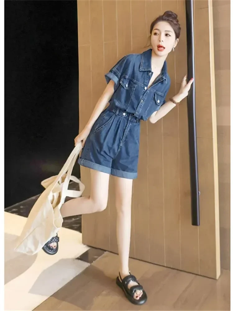 Sweet Cool Style Pockets Design Denim Jumpsuit Womens Summer New Casual Slim Short Sleeve Streetwear Jeans Rompers Ropa De Mujer