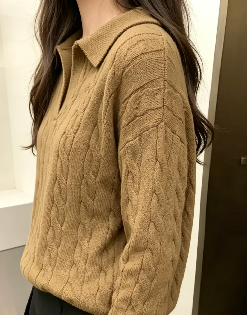 2026 New POLO Collar Loose Top Casual Women's Thick Needle Sweater with Core Spun Yarn Knit Sweate Pullover