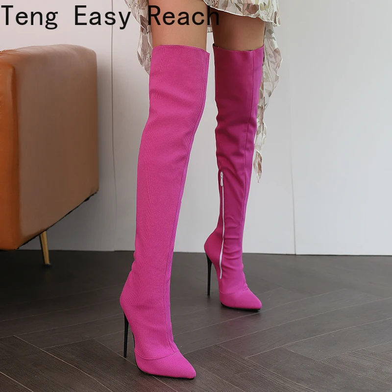 

Plus Size Striped Elastic Fabric Material With Pointed Toe Ultra-High Fine Heels Over The Knee Boots Sewing Zipper Long Boots