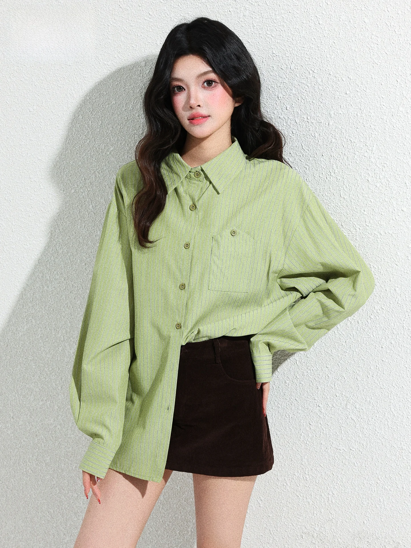 

Casual Striped Long Sleeve Women's Shirt Loose Fit Slimming Versatile Stylish Top Summer Design Green Stripes 2026 New Arrival