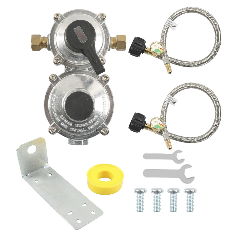 

RV 2 Tank-2-ступенчатый регулятор пропана с автоматическим переключением LP включает манометр и 18-дюймовые пропанно-шланги с косичкой для прицепов и кемперів.