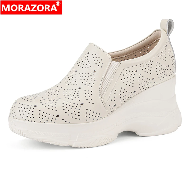 

MORAZORA New Genuine Leather Shoes Wedges Pumps Women Shoes Round Toe Pull On High Heels Platform Casual Party Shoes