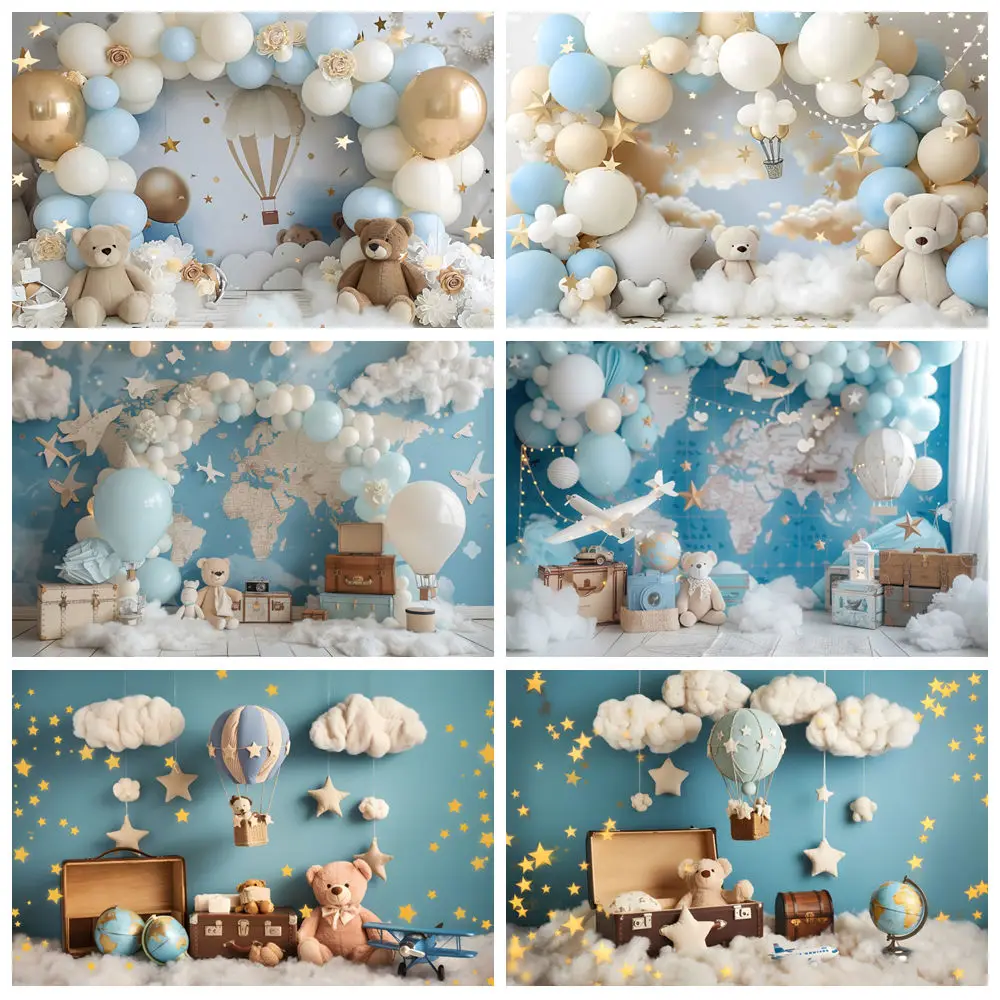 Newborn Baby Birthday Photography Backdrop Toy Bear Hot Air Balloons Pilot Airplane Map Star Baby Shower Background Photozone