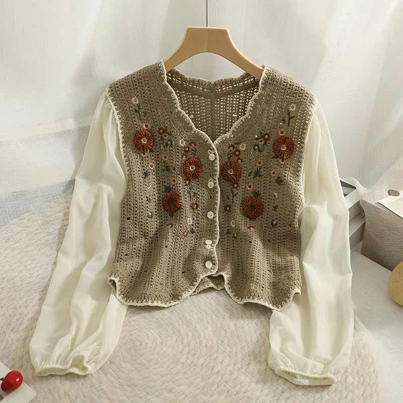 OUMEA Women Floral Embroidery Blouse Spring Autumn Chiffon Sleeve Sweet Shirts Buttons Front Vintage Patchwork Japan Style Tops