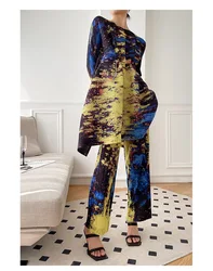 Miyake Pleated Camouflage Graffiti Loose Large Waist Long Top+loose Wide Leg Pants Fashion Women's Two-piece Set 2023 Summer