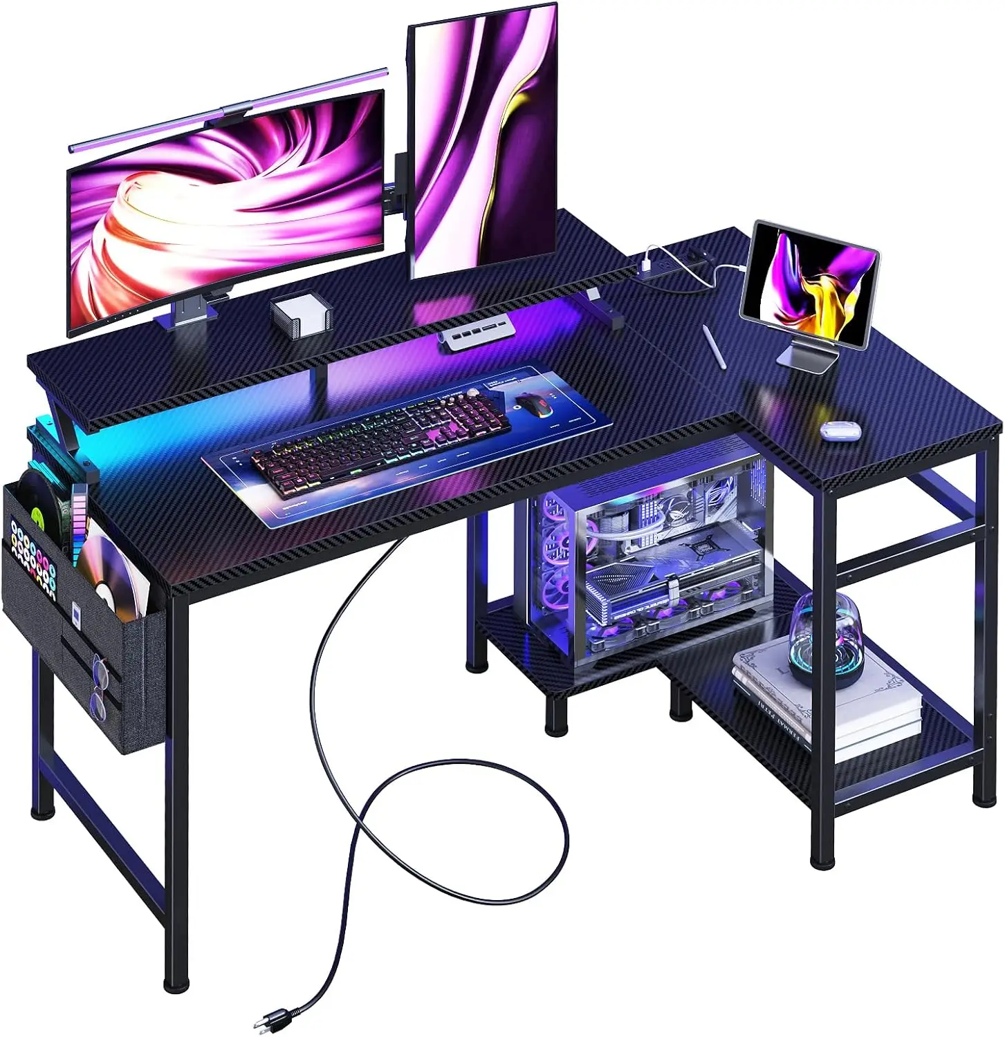 

Игровой L-образный стол с LED-подсветкой, USB-портами и местом для хранения - черный, 40 дюймов