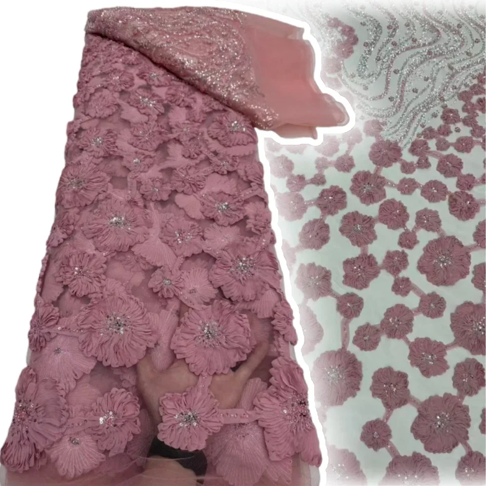 

2026 Luxury 5 Yards High Quality French Heavy Net Sequin Fabric Beaded 3D Lace African Nigerian for Wedding Fabric 1916
