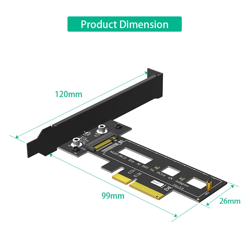 PCIE X4 NVME Adapter with Heatsink Low Bracket Support NVME M Key 2242 2260 2280 M2 SSD PCI Express 3.0 to M.2 Riser Card for PC