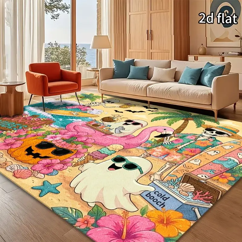VIKAMA Halloween Area Rug Sunglasses Ghost Pink Flamingo Skull Pumpkin Tropical Beach Coconut Tree Surfboard Non Slip Home Decor