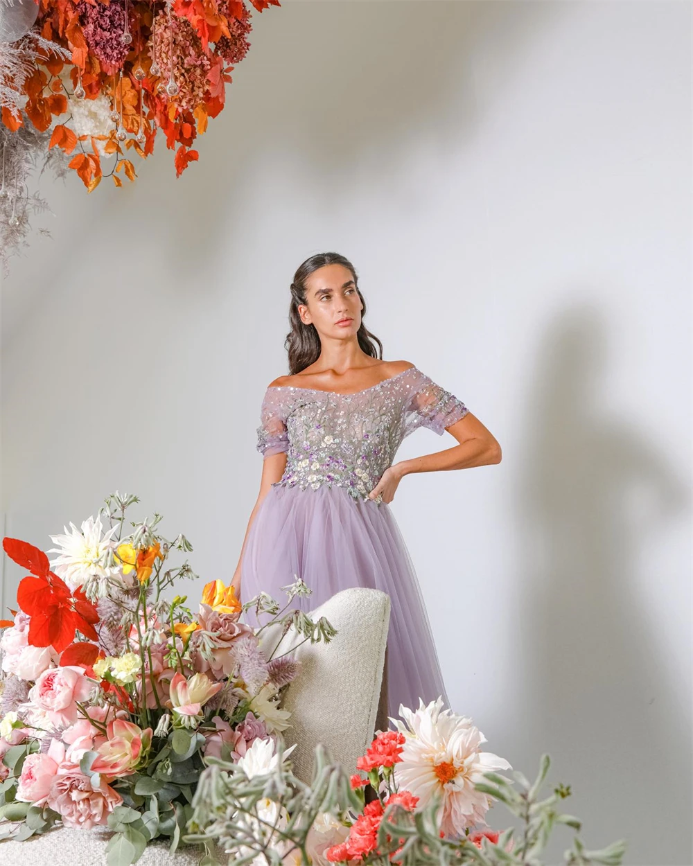 Meetlove Prom Dresses Eleagnt Off the Shoulder A-line Empire Flower Party Dress Floor Length Sequin Short Sleeve Formal Evening