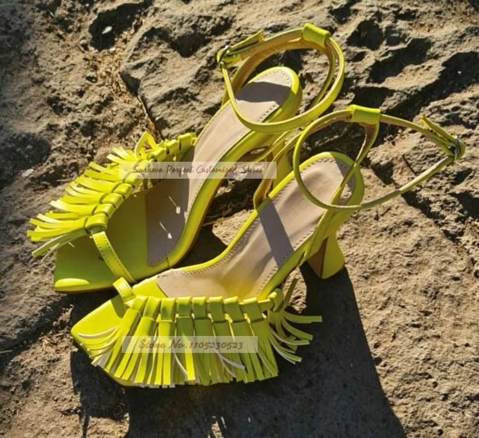 Women Hoof Heels Fringe Squre Toe Sandals Clip Toe Tassel Decor Thong Shoes Ankle Buckle Strap Elegant Pumps