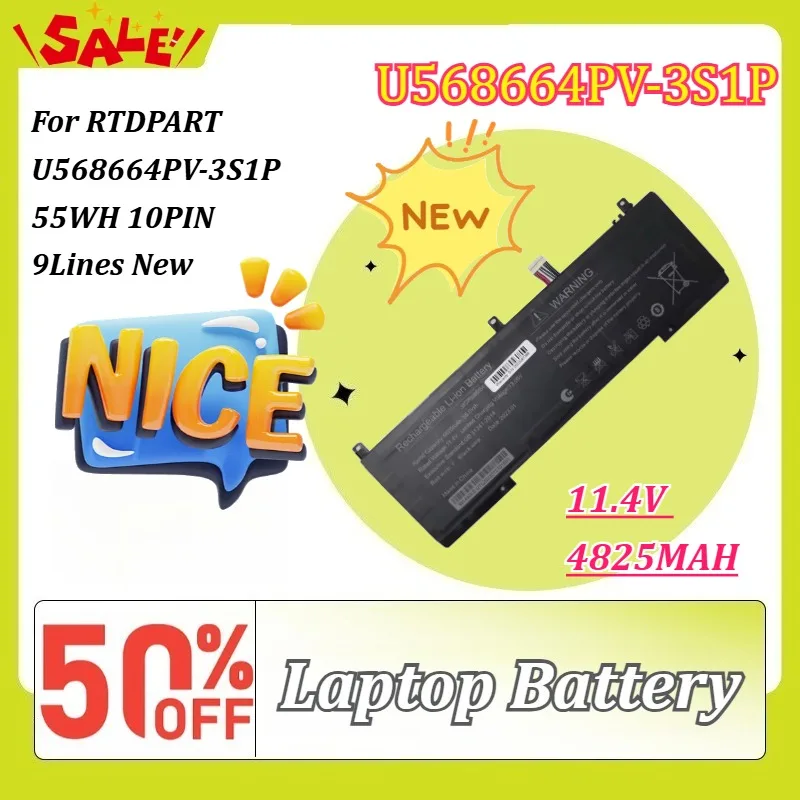 New 11.4V 4825mAh 55Wh Replacement Laptop Battery for RTDPART U568664PV-3S1P 10PIN 9Lines Rechargeable Battery